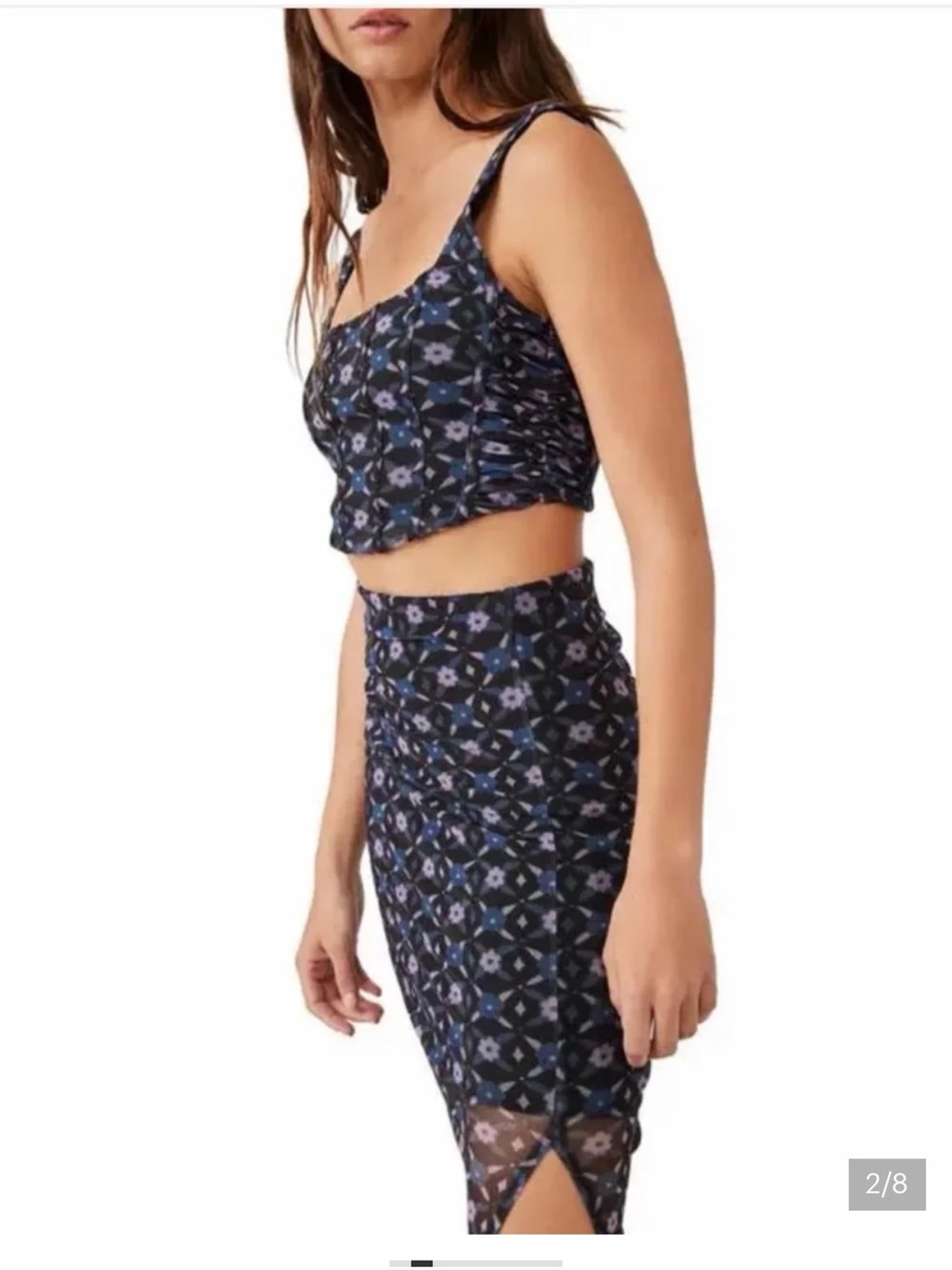 Free People Navy and Periwinkle Floral Tile Pencil Midi Skirt Set